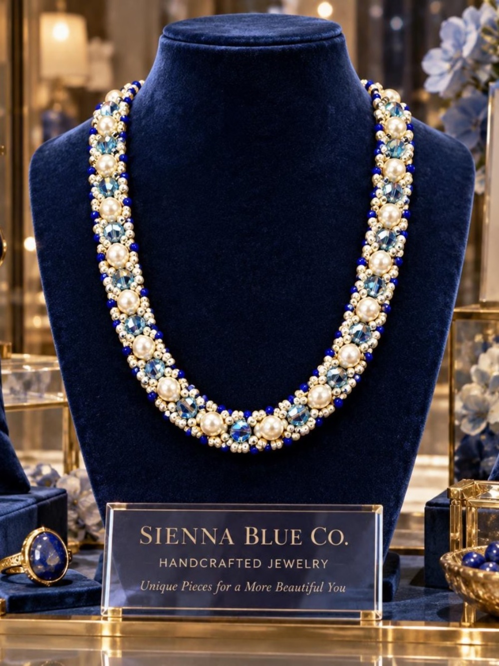 Handwoven Freshwater Pearl & Blue Crystal Necklace Cobalt Blue Beaded Statement